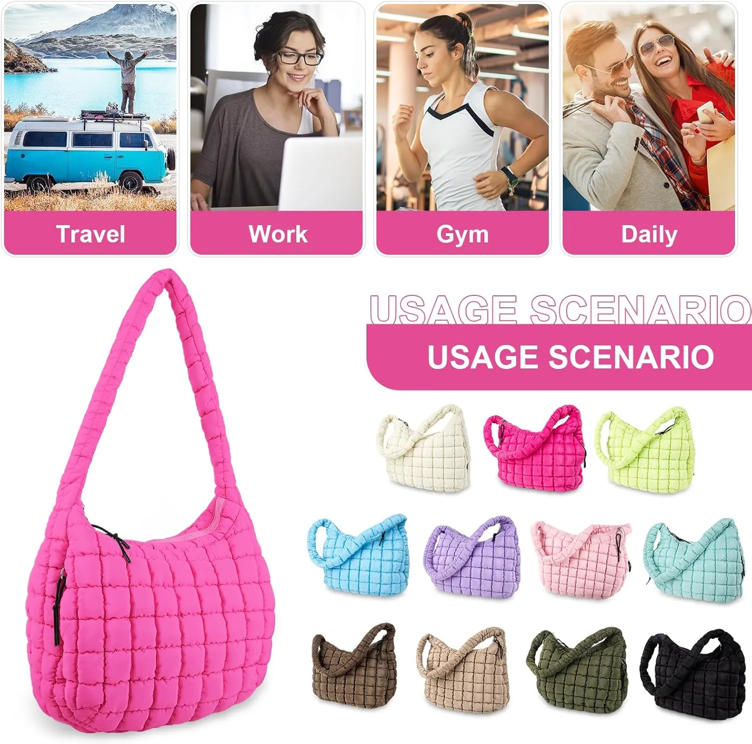 Quilted Puffer Tote Bag Purse Puffy Crossbody Shoulder Bag,Lightweight Nylon Hobo Bag Puffer Carryall Bag for Women Girl