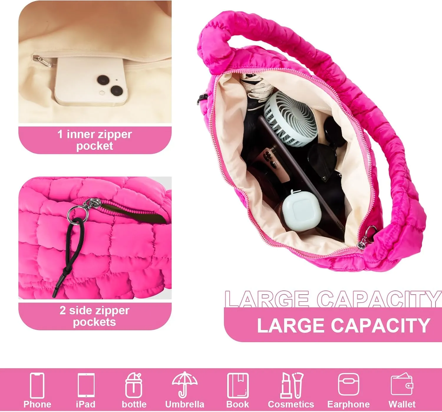 Quilted Puffer Tote Bag Purse Puffy Crossbody Shoulder Bag,Lightweight Nylon Hobo Bag Puffer Carryall Bag for Women Girl
