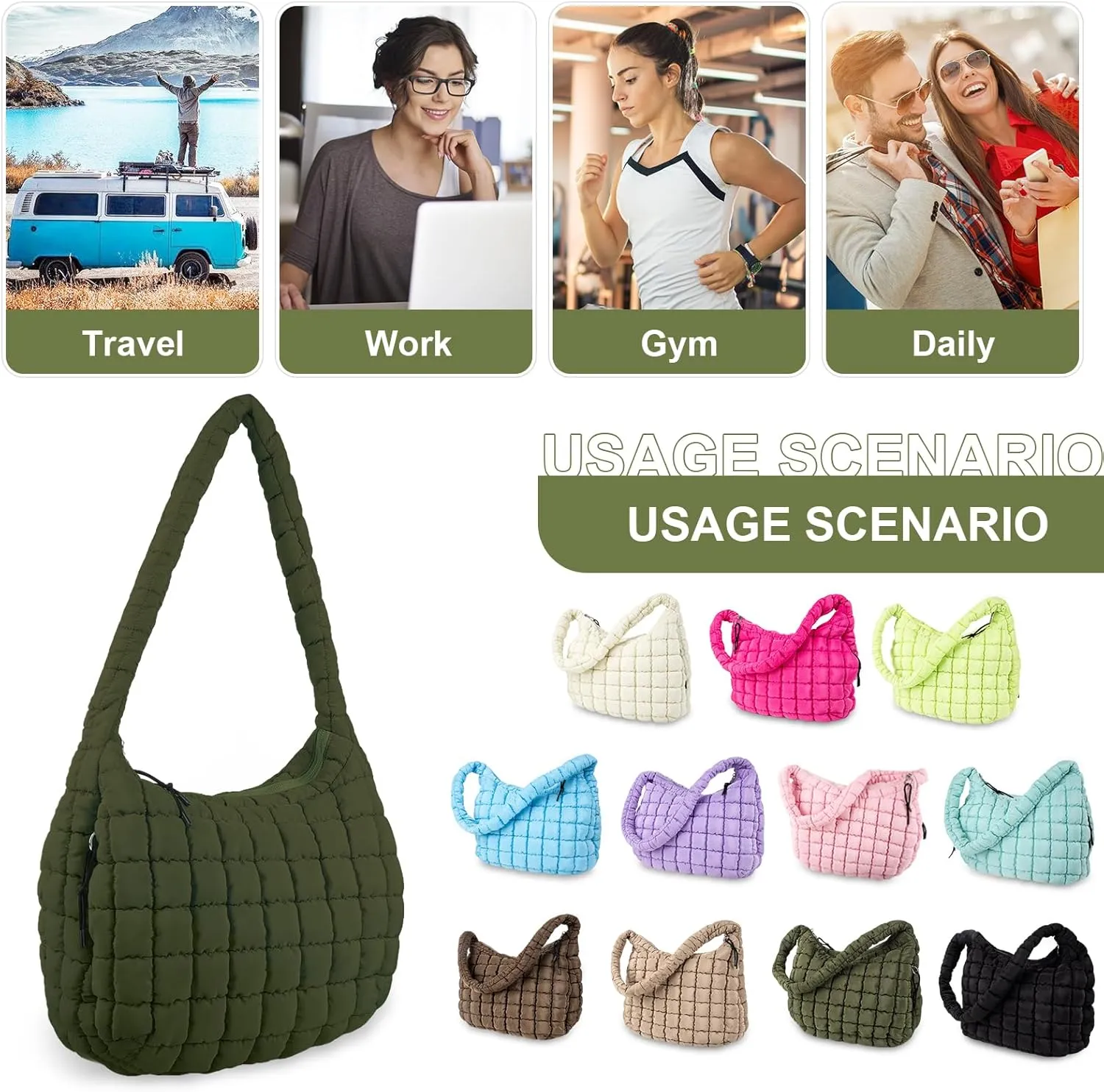 Quilted Puffer Tote Bag Purse Puffy Crossbody Shoulder Bag,Lightweight Nylon Hobo Bag Puffer Carryall Bag for Women Girl