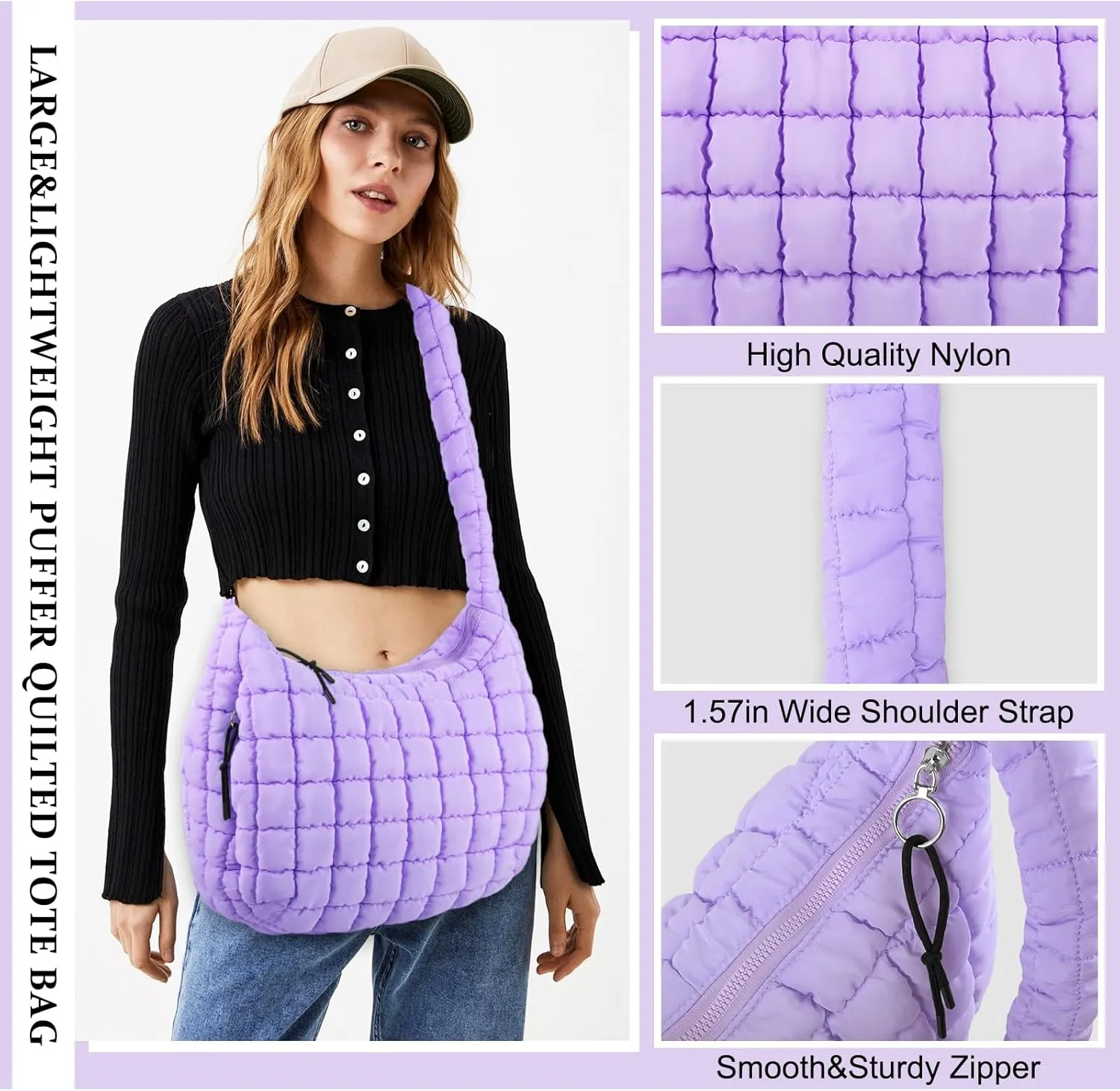 Quilted Puffer Tote Bag Purse Puffy Crossbody Shoulder Bag,Lightweight Nylon Hobo Bag Puffer Carryall Bag for Women Girl