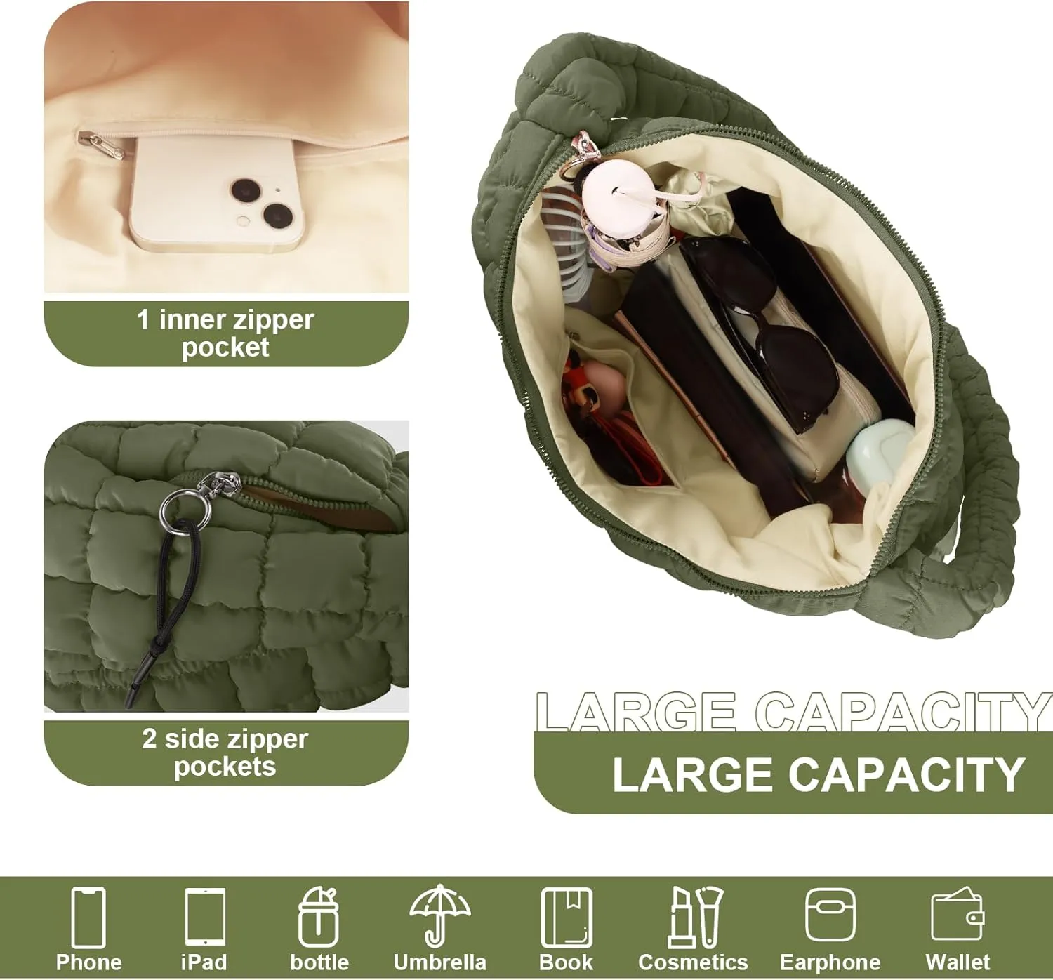 Quilted Puffer Tote Bag Purse Puffy Crossbody Shoulder Bag,Lightweight Nylon Hobo Bag Puffer Carryall Bag for Women Girl