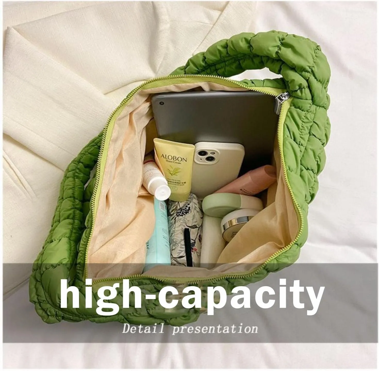 Quilted Puffer Tote Bags for Women Lightweight Quilted Padding Shoulder Bag Satchel Handbag Zip Puffer Bag Green