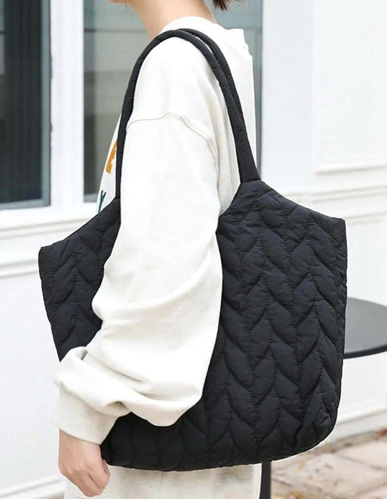 Quilted Shoulder Bag for Women Soft Nylon Purse Large Casual Canvas Handbags Working Shopping Top Handle Bag