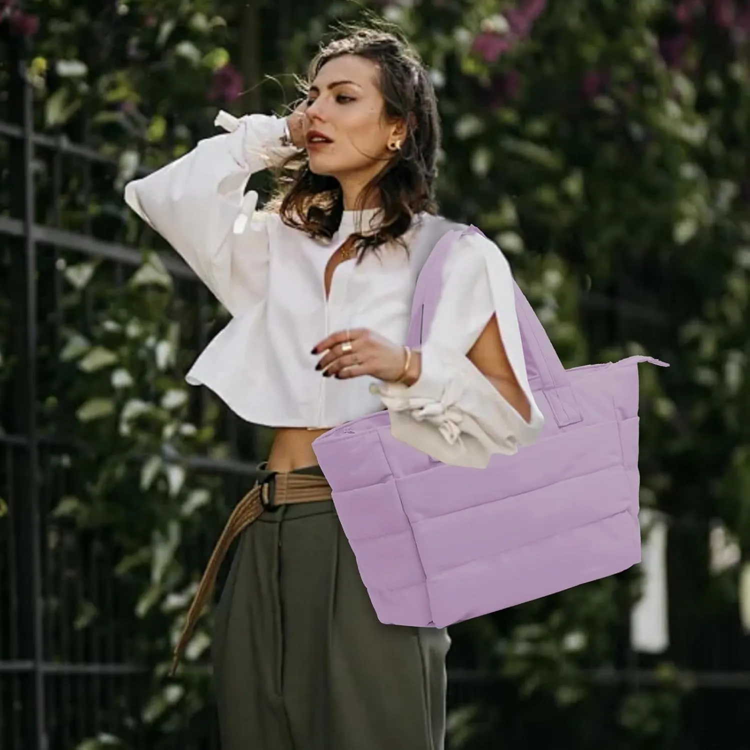 Quilted Tote Bag for Women, Lightweight Puffy Work Bag with Compartment, Quilted Shoulder Bag with Multi Pockets