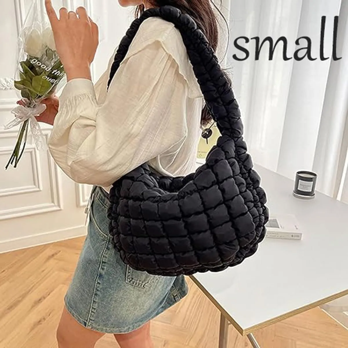 Quilted Tote Bag for Women Puffer Crossbody Bag with Zipper Nylon Hobos Shoulder Bag