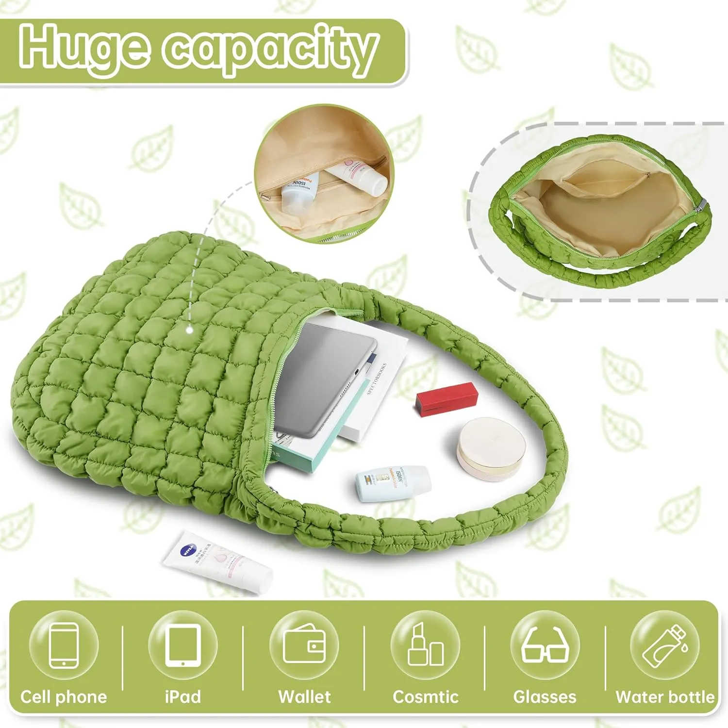 Quilted Tote Bag for Women, Puffer Shoulder Hobo Purse Crossbody Bag Lightweight Padding Handbag