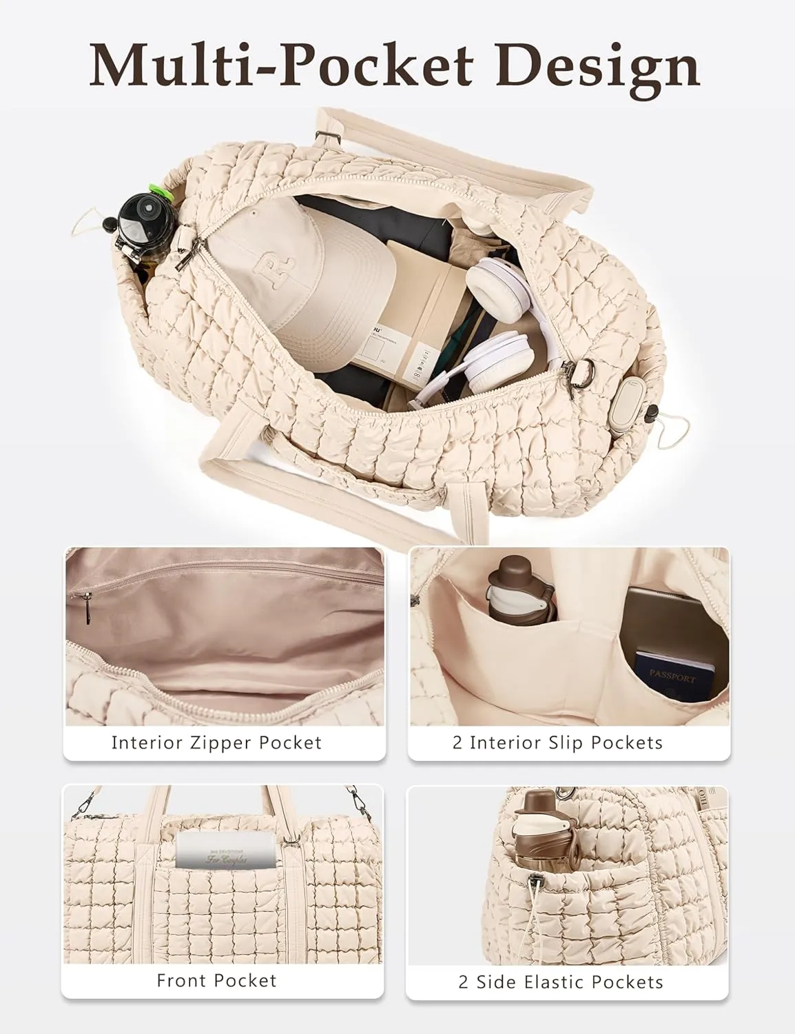 Quilted Travel Duffle Bag for Women Weekender Bag Large Puffer Overnight Bags Soft Puffy Duffel Bag Carry on Gym Bag Lightweight Personal Item Travel Bag for Trips Business Sport Airplane (Beige)