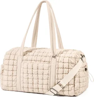Quilted Travel Duffle Bag for Women Weekender Bag Large Puffer Overnight Bags Soft Puffy Duffel Bag Carry on Gym Bag Lightweight Personal Item Travel Bag for Trips Business Sport Airplane (Beige)