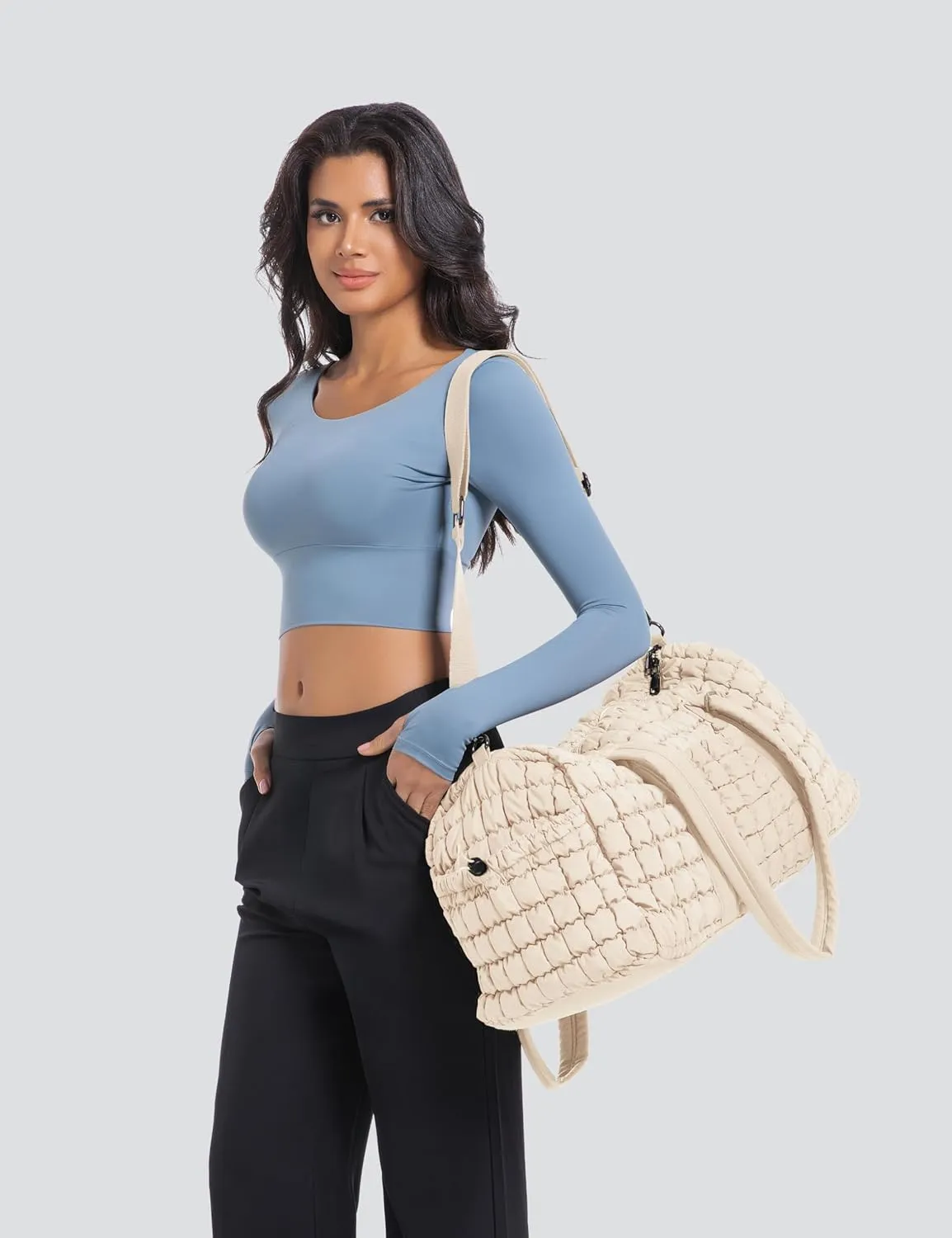 Quilted Travel Duffle Bag for Women Weekender Bag Large Puffer Overnight Bags Soft Puffy Duffel Bag Carry on Gym Bag Lightweight Personal Item Travel Bag for Trips Business Sport Airplane (Beige)