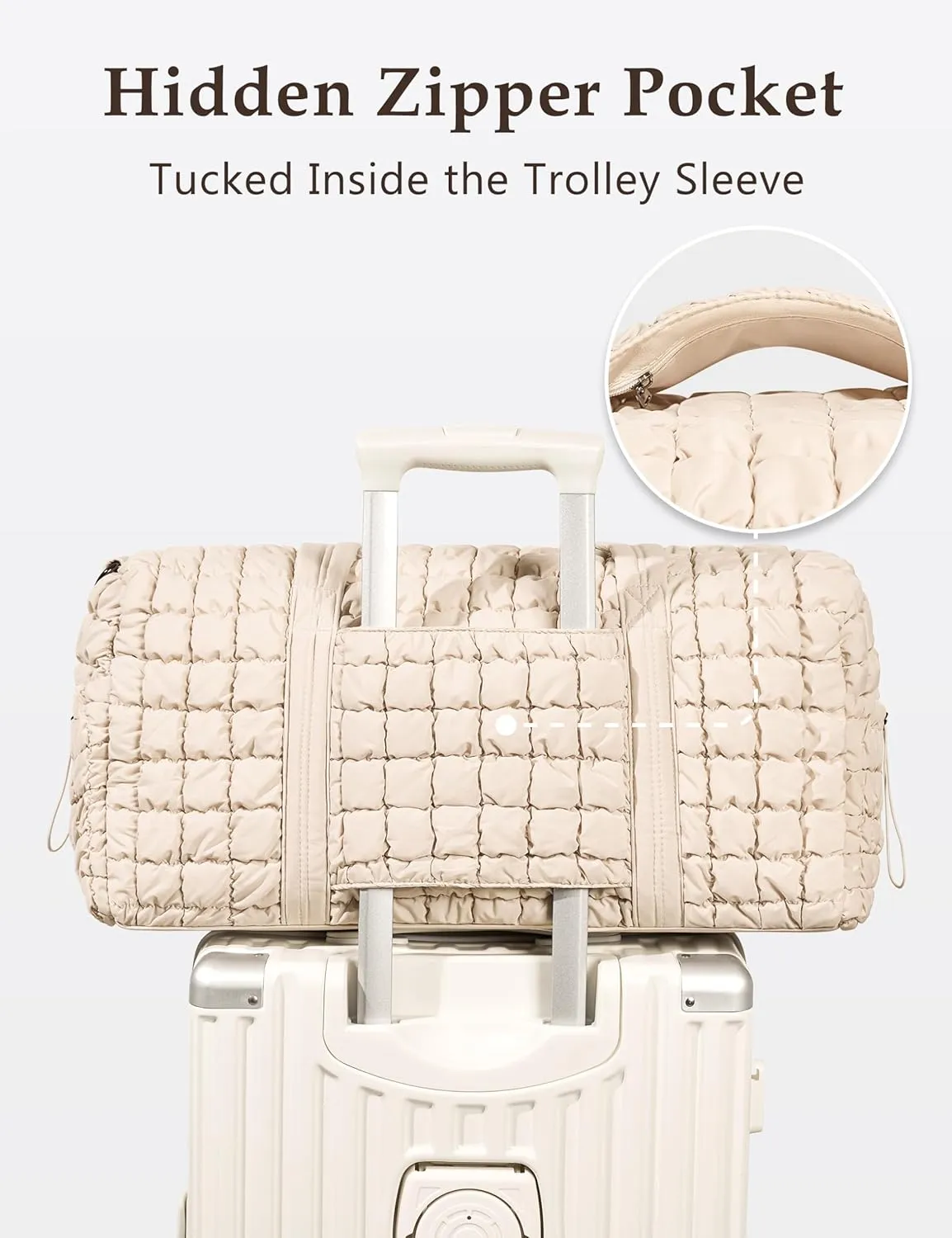 Quilted Travel Duffle Bag for Women Weekender Bag Large Puffer Overnight Bags Soft Puffy Duffel Bag Carry on Gym Bag Lightweight Personal Item Travel Bag for Trips Business Sport Airplane (Beige)