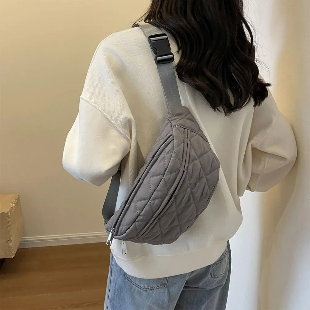 Quilted Waist Bag Stylish Waist Pack Adjustable Strap Vintage Belt Bag Large Capacity Crossbody Sling Bag Zip Closure Outdoor Travel Bag (Grey)