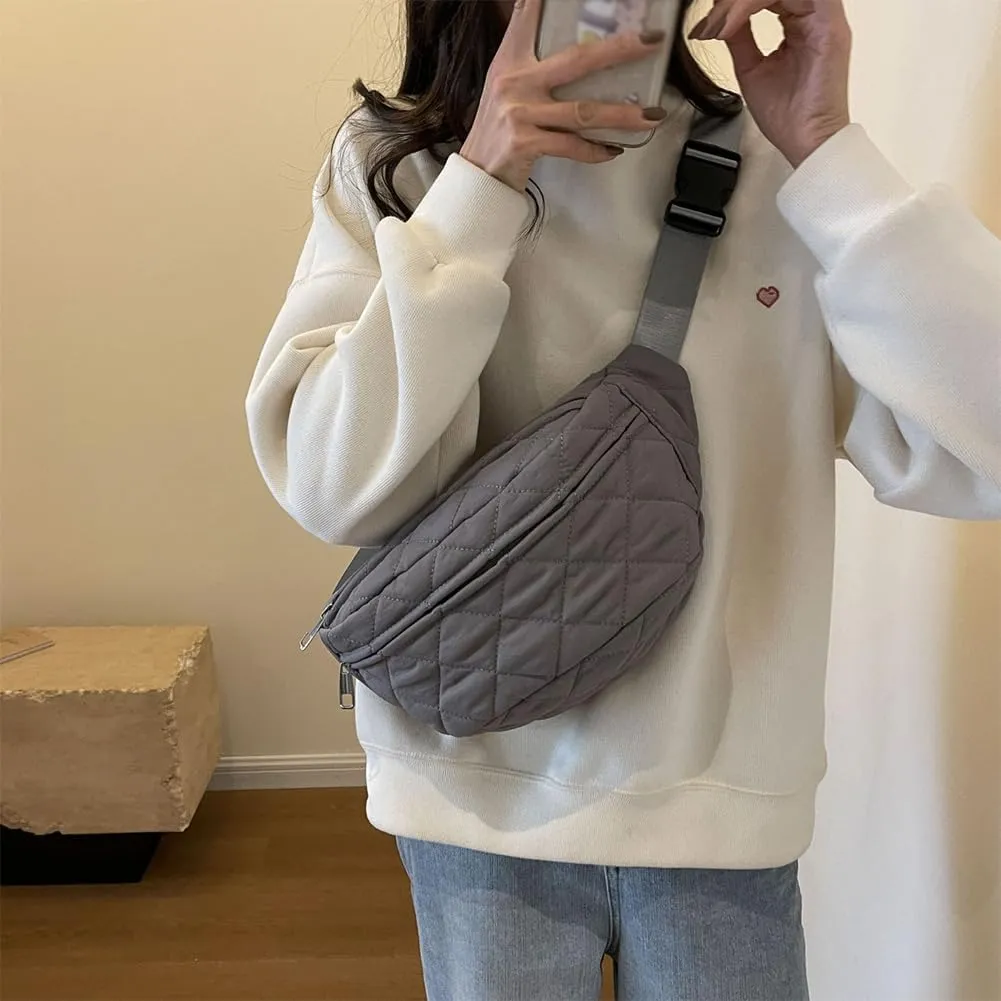 Quilted Waist Bag Stylish Waist Pack Adjustable Strap Vintage Belt Bag Large Capacity Crossbody Sling Bag Zip Closure Outdoor Travel Bag (Grey)