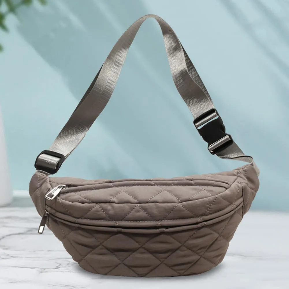Quilted Waist Bag Stylish Waist Pack Adjustable Strap Vintage Belt Bag Large Capacity Crossbody Sling Bag Zip Closure Outdoor Travel Bag (Grey)