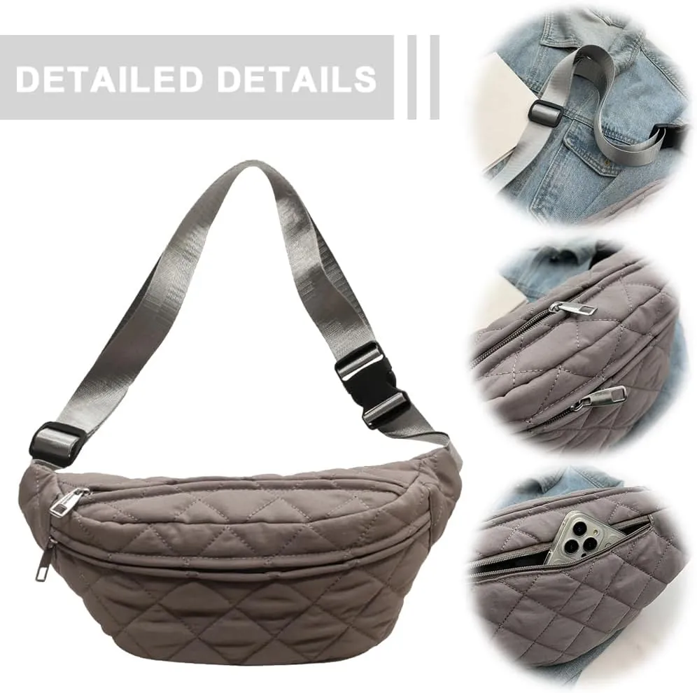 Quilted Waist Bag Stylish Waist Pack Adjustable Strap Vintage Belt Bag Large Capacity Crossbody Sling Bag Zip Closure Outdoor Travel Bag (Grey)