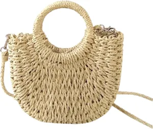 QWINEE Women's Boho Straw Bag Beach Purse Woven Crossbody Bag Top Handle Straw Vacation Handbag Handwoven Wicker Shoulder Bag