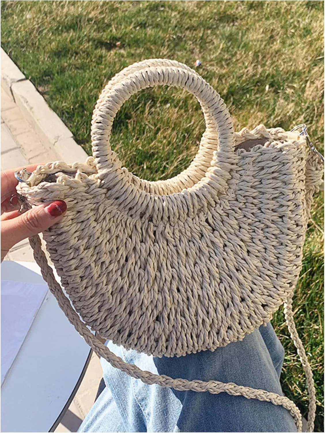 QWINEE Women's Boho Straw Bag Beach Purse Woven Crossbody Bag Top Handle Straw Vacation Handbag Handwoven Wicker Shoulder Bag