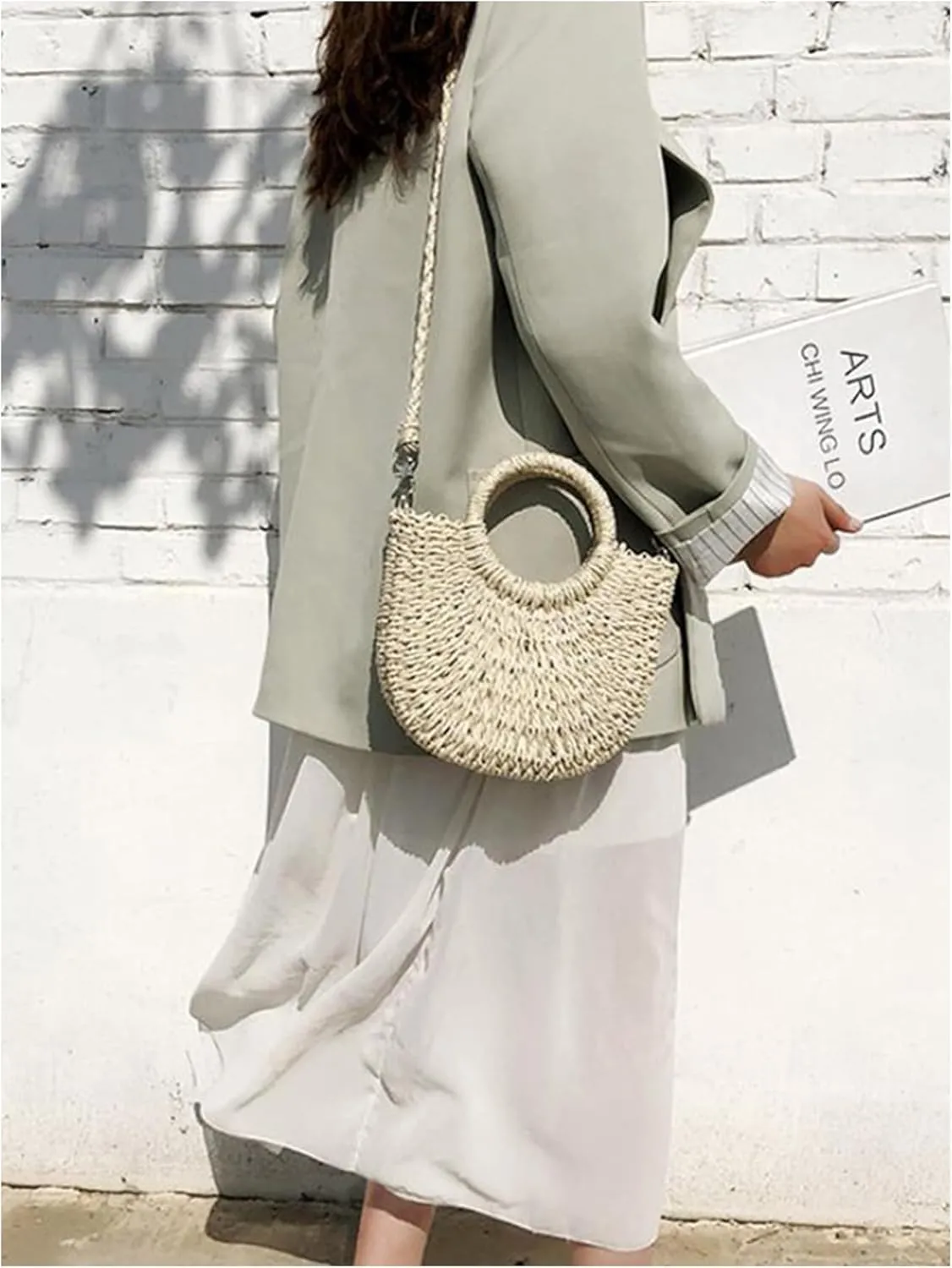 QWINEE Women's Boho Straw Bag Beach Purse Woven Crossbody Bag Top Handle Straw Vacation Handbag Handwoven Wicker Shoulder Bag