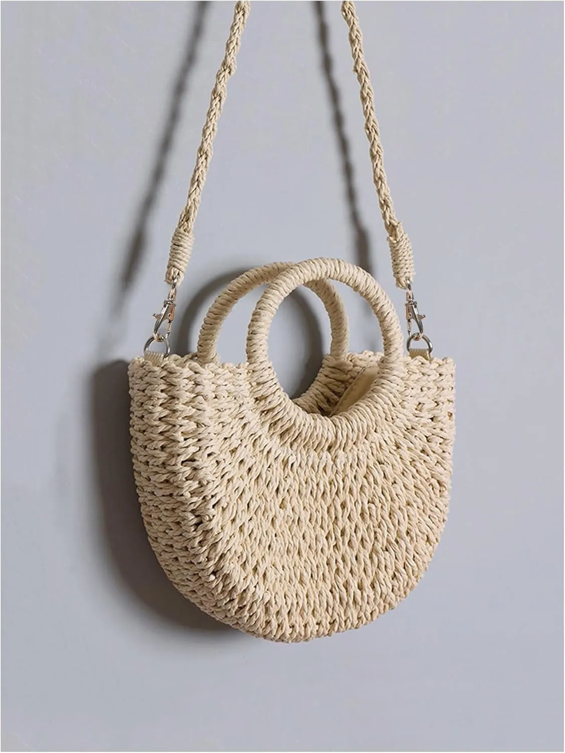 QWINEE Women's Boho Straw Bag Beach Purse Woven Crossbody Bag Top Handle Straw Vacation Handbag Handwoven Wicker Shoulder Bag
