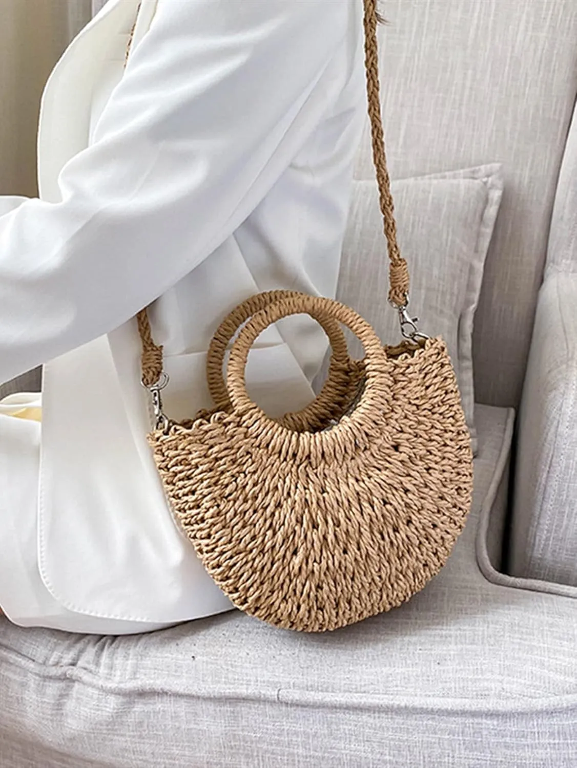QWINEE Women's Boho Straw Bag Beach Purse Woven Crossbody Bag Top Handle Straw Vacation Handbag Handwoven Wicker Shoulder Bag