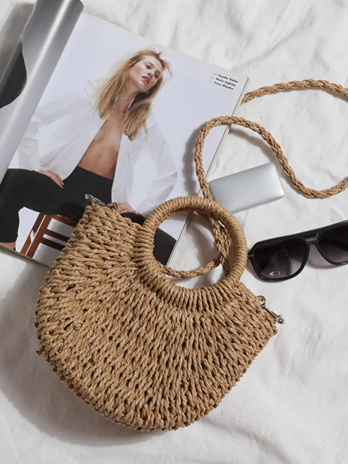 QWINEE Women's Boho Straw Bag Beach Purse Woven Crossbody Bag Top Handle Straw Vacation Handbag Handwoven Wicker Shoulder Bag