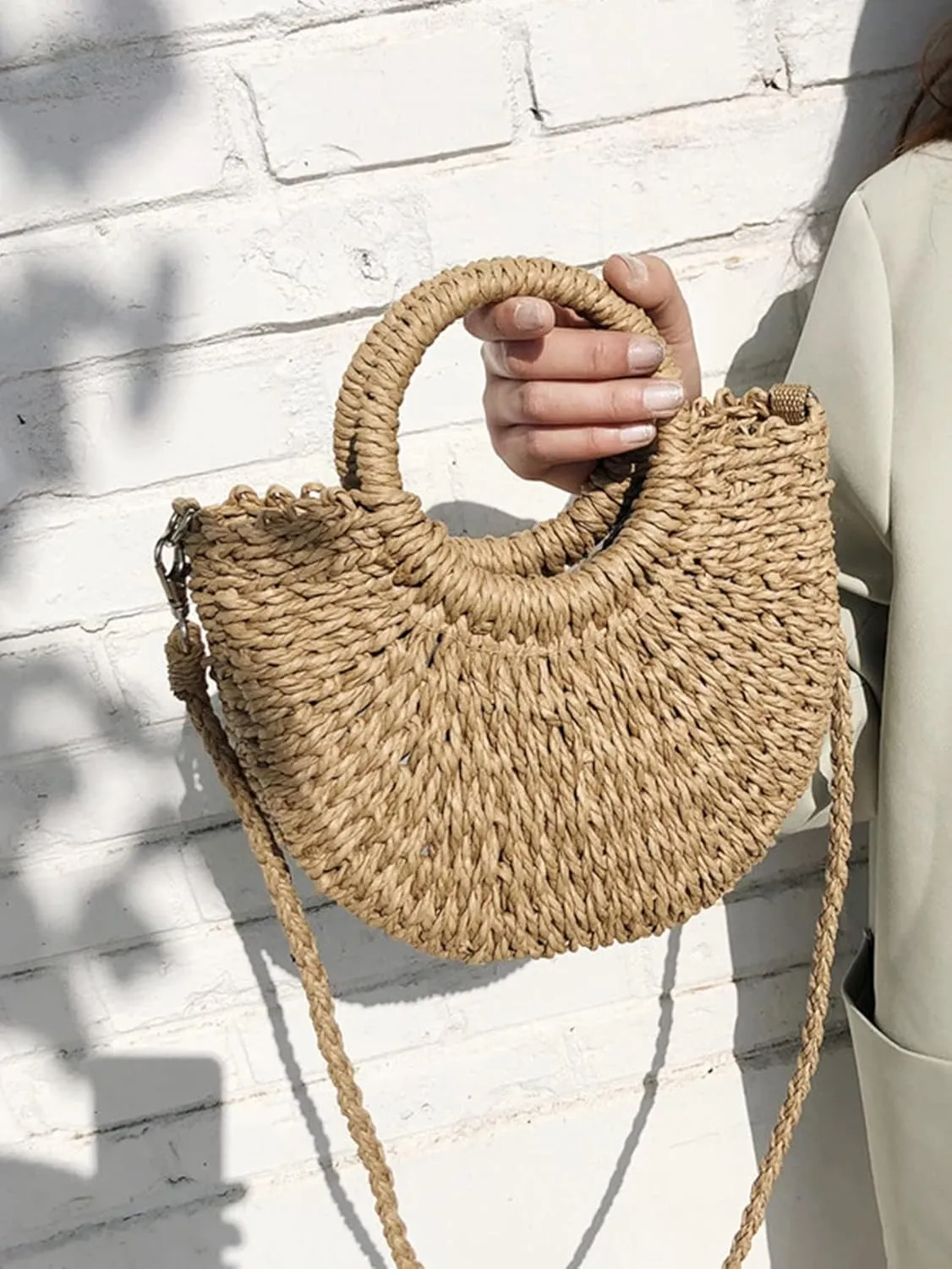 QWINEE Women's Boho Straw Bag Beach Purse Woven Crossbody Bag Top Handle Straw Vacation Handbag Handwoven Wicker Shoulder Bag