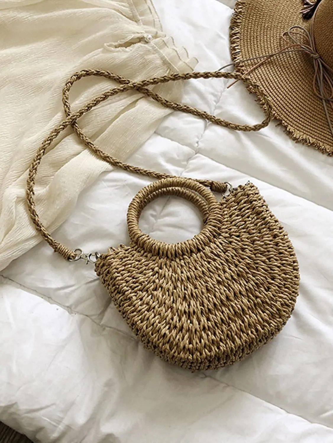 QWINEE Women's Boho Straw Bag Beach Purse Woven Crossbody Bag Top Handle Straw Vacation Handbag Handwoven Wicker Shoulder Bag