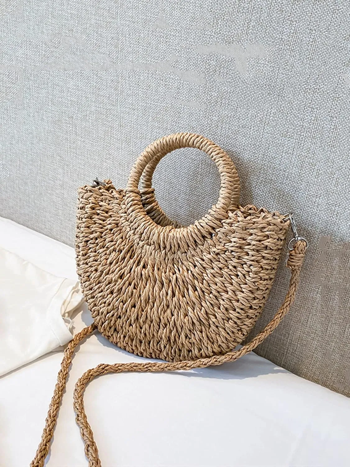 QWINEE Women's Boho Straw Bag Beach Purse Woven Crossbody Bag Top Handle Straw Vacation Handbag Handwoven Wicker Shoulder Bag
