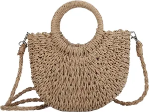 QWINEE Women's Boho Straw Bag Beach Purse Woven Crossbody Bag Top Handle Straw Vacation Handbag Handwoven Wicker Shoulder Bag