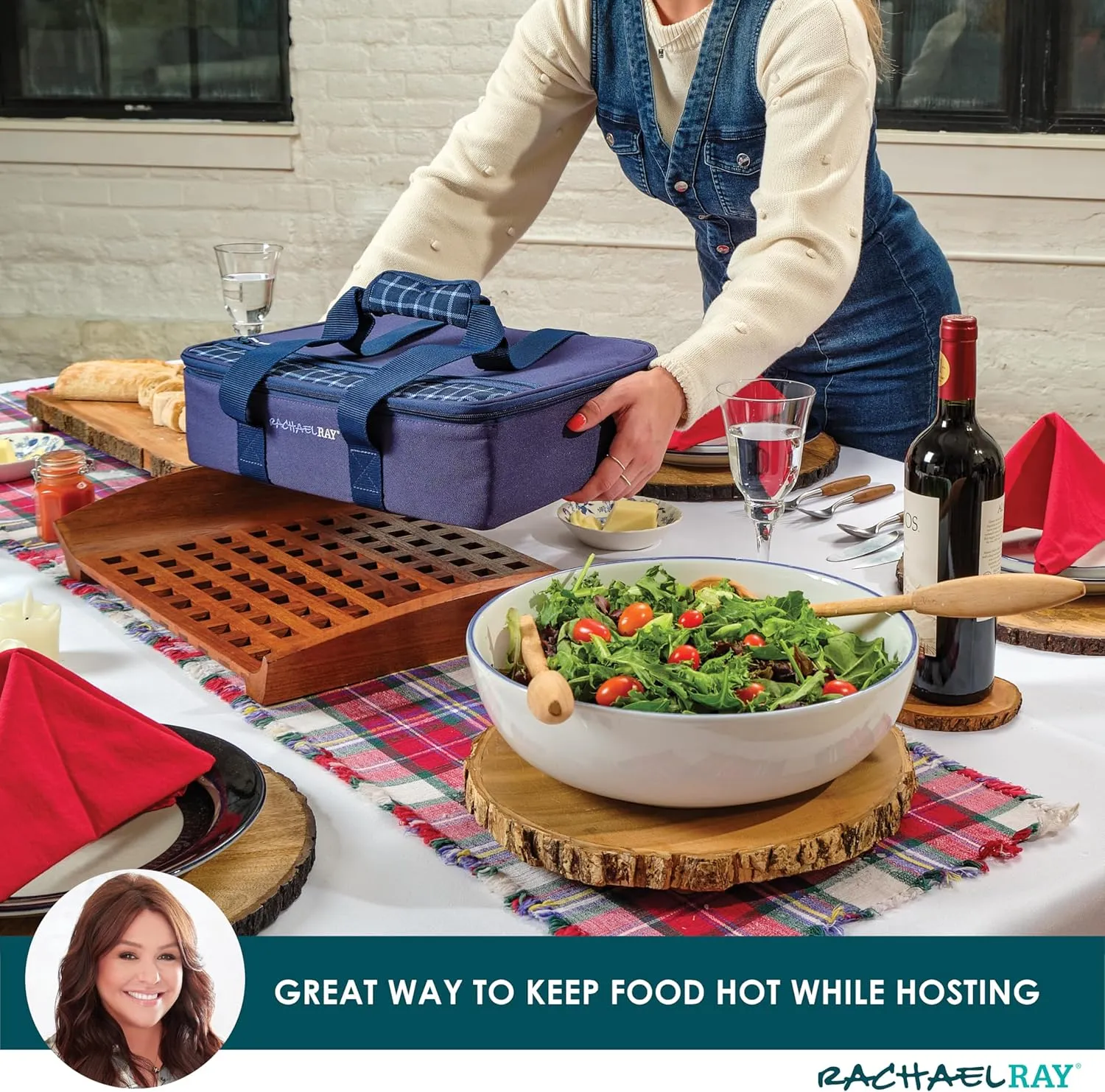 Rachael Ray Lasagna Lugger, Thermal Insulated Casserole Carrier for Hot or Cold Food, Lugger Tote for Potluck, Parties, Picnic, and Cookouts, Fits 9" x 13" Baking Dish, Navy Gingham