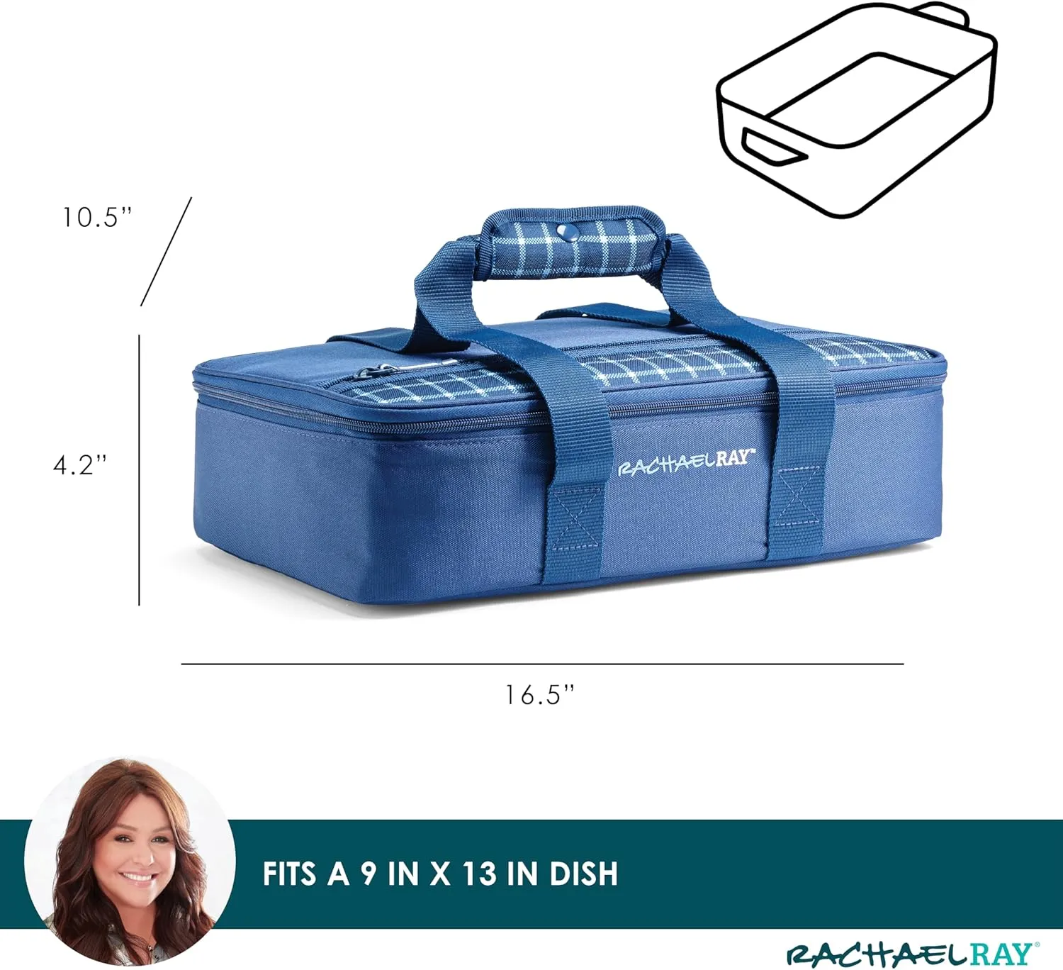 Rachael Ray Lasagna Lugger, Thermal Insulated Casserole Carrier for Hot or Cold Food, Lugger Tote for Potluck, Parties, Picnic, and Cookouts, Fits 9" x 13" Baking Dish, Navy Gingham