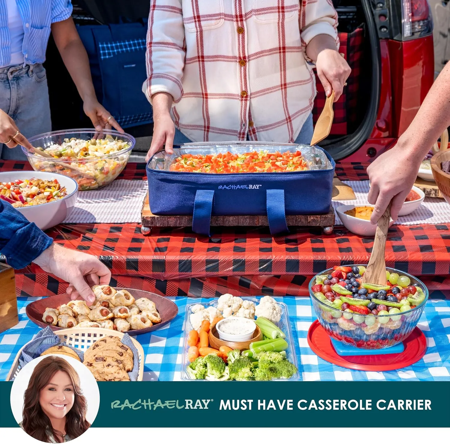 Rachael Ray Lasagna Lugger, Thermal Insulated Casserole Carrier for Hot or Cold Food, Lugger Tote for Potluck, Parties, Picnic, and Cookouts, Fits 9" x 13" Baking Dish, Navy Gingham