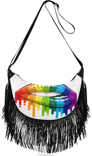 Rainbow-lips-biting Women Tassel Fringe Shoulder bag, Fringe Purse Crossbody, Women Tassel Hobo Bag with Zipper