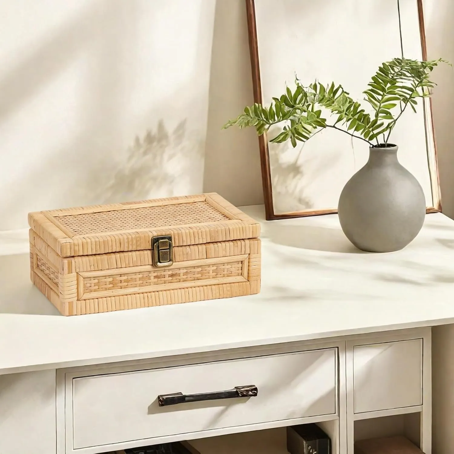 Rattan Box with Lid Decorative Natural Handmade Boho Rattan Baskets Woven Wicker Cane Bins Keepsake Memory Jewelry Boxes Rectangular Desk Shelf Closet Organizer Container (Small Size)