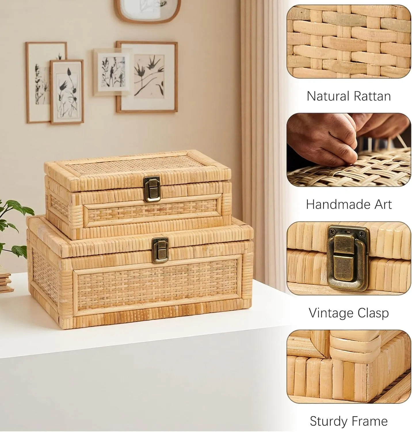 Rattan Box with Lid Decorative Natural Handmade Boho Rattan Baskets Woven Wicker Cane Bins Keepsake Memory Jewelry Boxes Rectangular Desk Shelf Closet Organizer Container (Small Size)