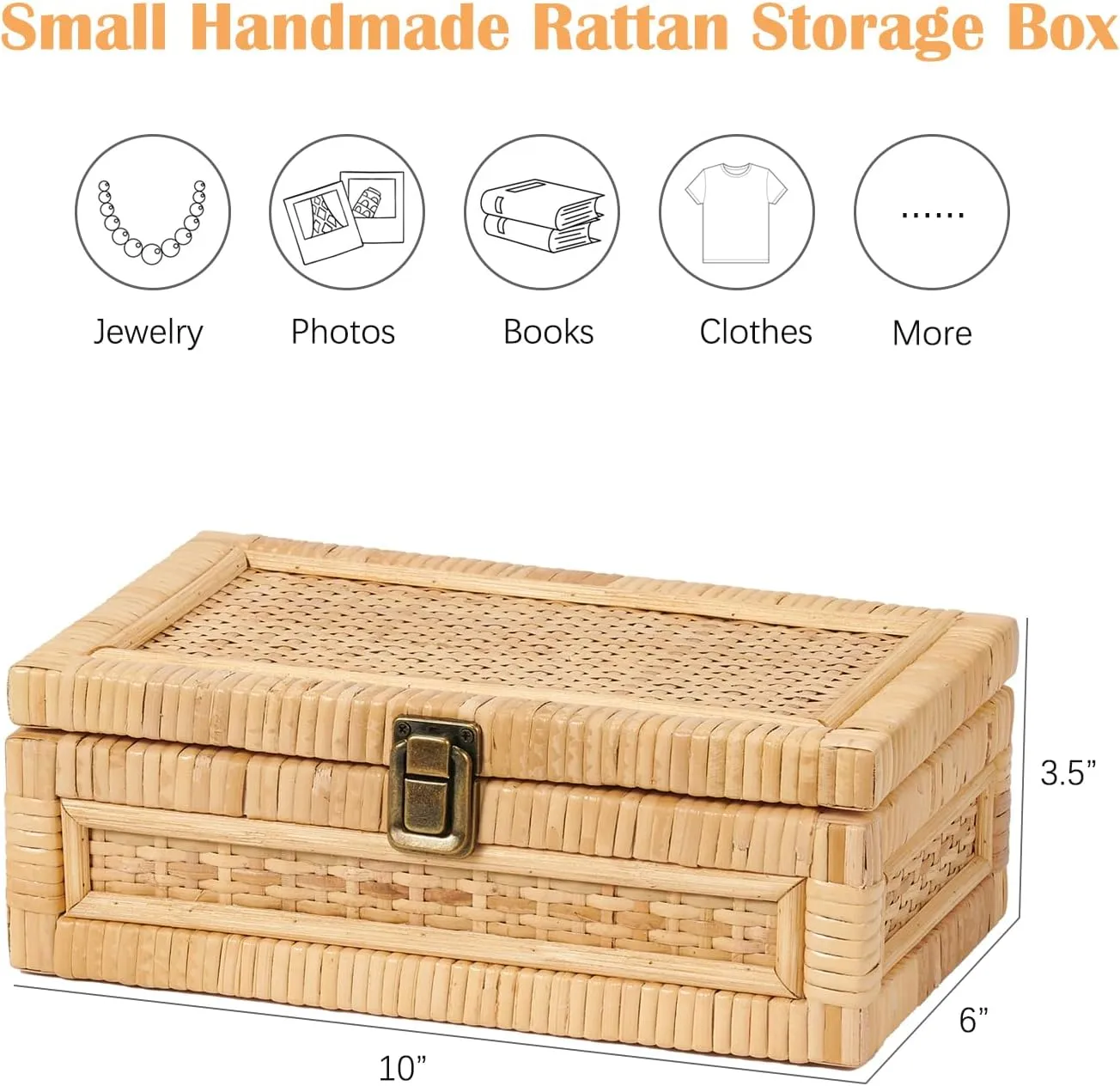 Rattan Box with Lid Decorative Natural Handmade Boho Rattan Baskets Woven Wicker Cane Bins Keepsake Memory Jewelry Boxes Rectangular Desk Shelf Closet Organizer Container (Small Size)