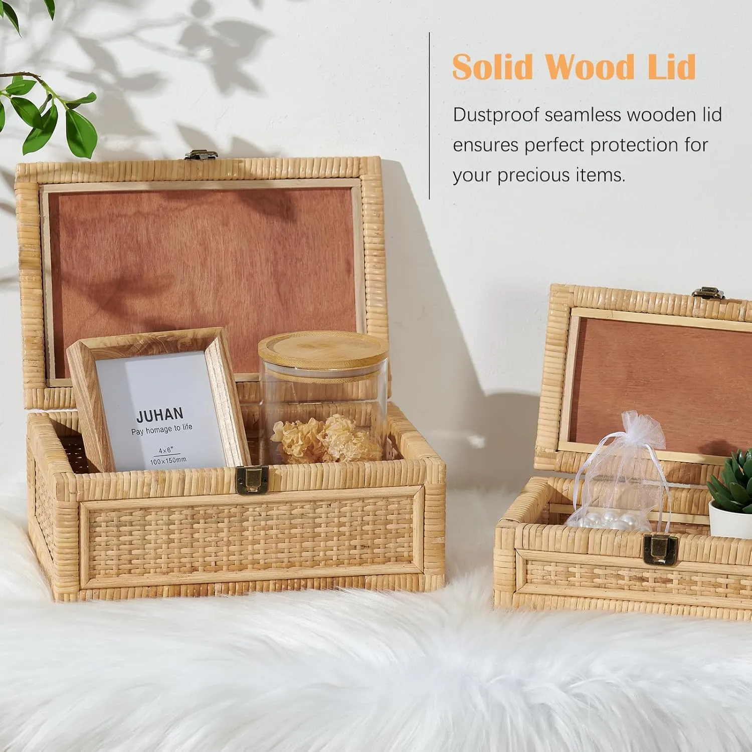 Rattan Box with Lid Decorative Natural Handmade Boho Rattan Baskets Woven Wicker Cane Bins Keepsake Memory Jewelry Boxes Rectangular Desk Shelf Closet Organizer Container (Small Size)