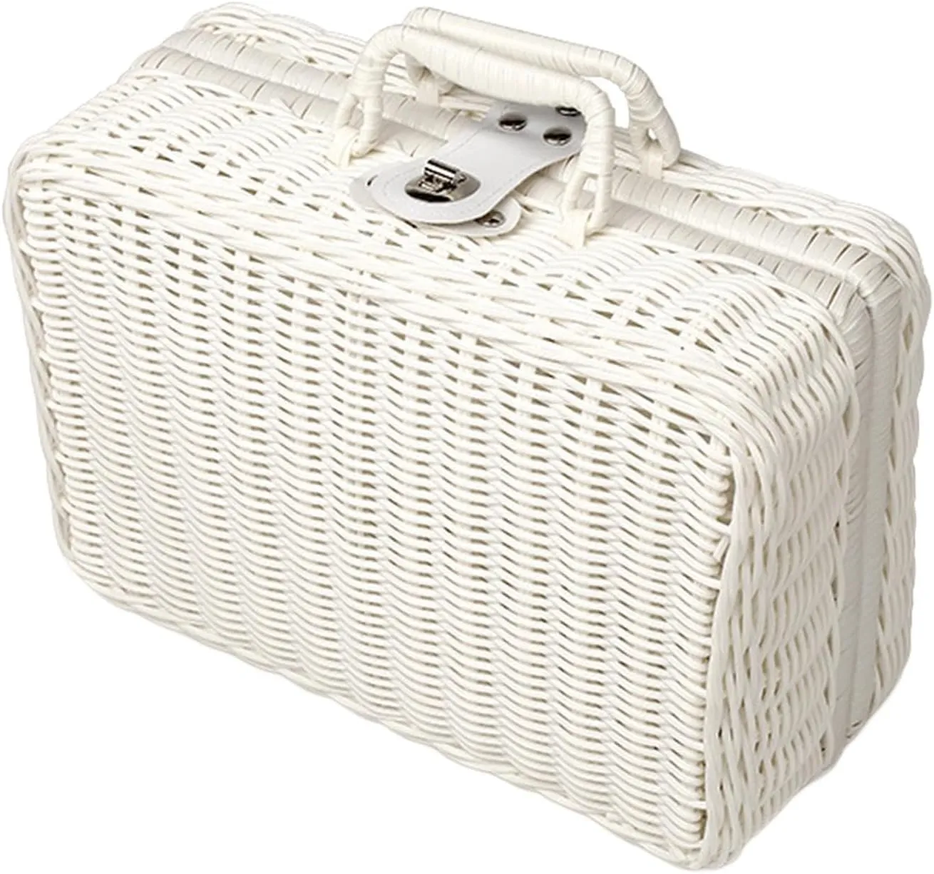 Rattan Suitcase Box,Woven Organize Basket Box with Lid & Lock,with Handles,Wicker Hamper for Nursery, Baby Closet, Diaper,Toys, White, S