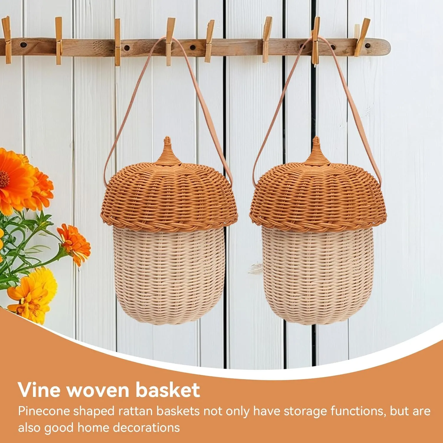 Rattan Woven Basket, Wicker Storage Woven Baskets Acorn Bag Mushroom Rattan Basket with Lid for Boys Girls Photography Props(Large)