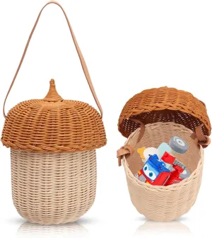 Rattan Woven Basket, Wicker Storage Woven Baskets Acorn Bag Mushroom Rattan Basket with Lid for Boys Girls Photography Props(Large)