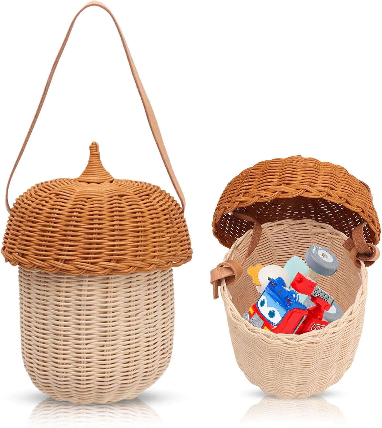 Rattan Woven Basket, Wicker Storage Woven Baskets Acorn Bag Mushroom Rattan Basket with Lid for Boys Girls Photography Props(Large)