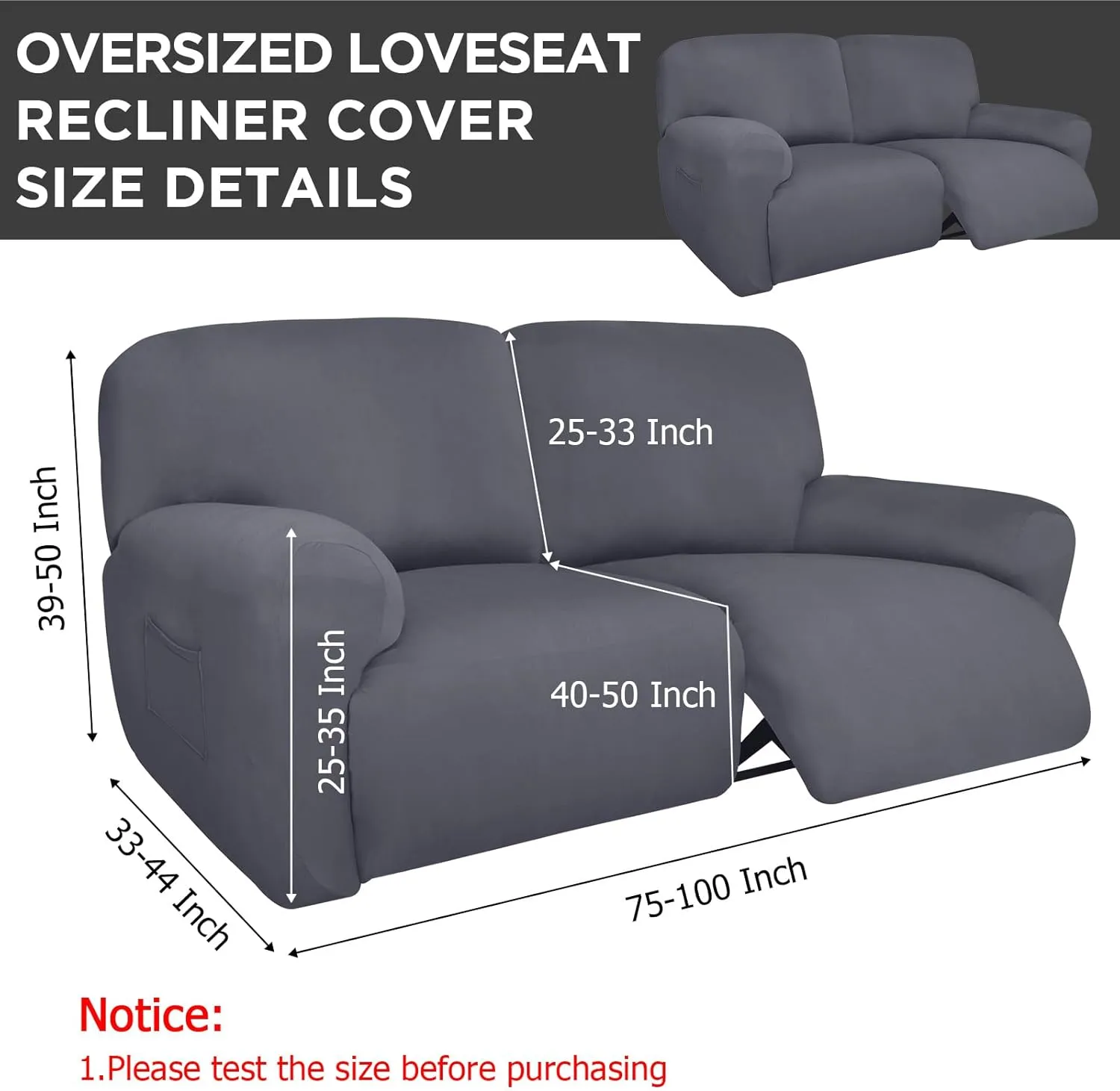 Recliner Loveseat Covers Extra Wide 75" x 100", Reclining 2 Seater Couch Covers 6 Pieces Milk Silk Reclining Loveseat Sofa Slipcovers Washable Furniture Protector (Dark Gray)