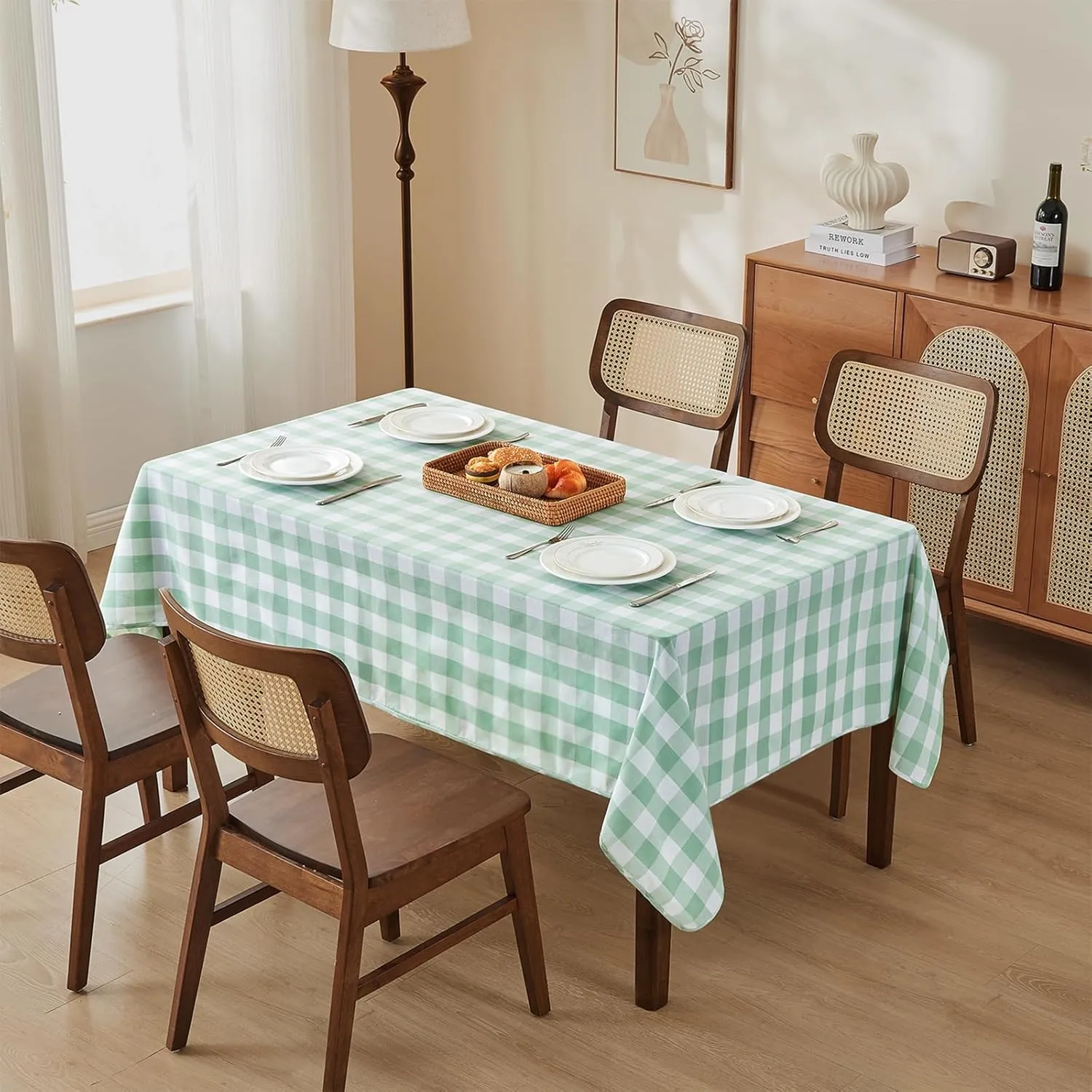 Rectangle Checkered Tablecloth Water-Resistant Spill-Proof Washable Gingham Reversible Table Cloth for Dining Camping Picnic Outdoor Parties (Green and White, 55 x 71 inches)