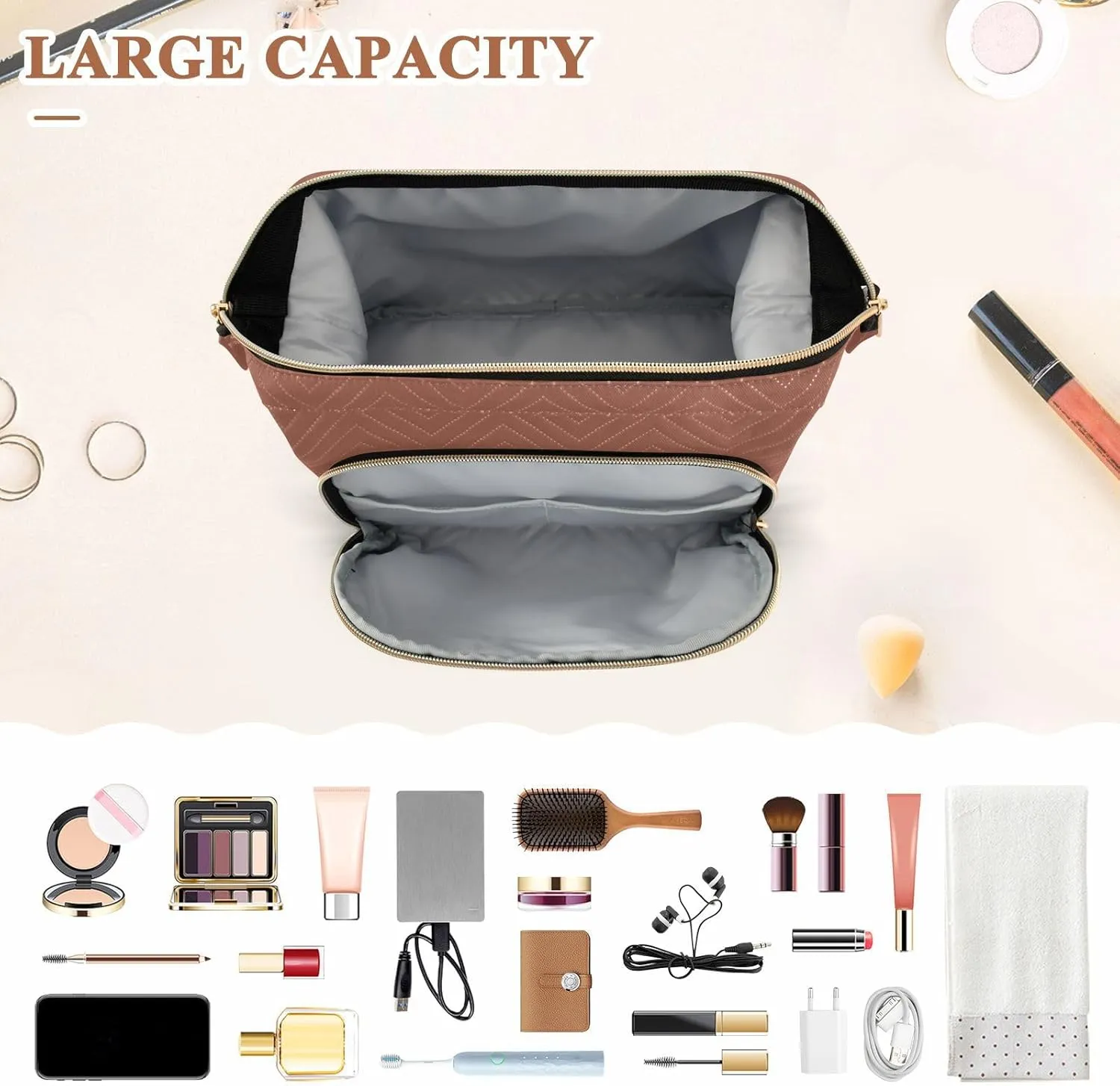 Reddish Brown Makeup Bag Travel Toiletry Bag Cute Cosmetic Bag Pouch Make Up Bags Small Makeup Box Case Skincare Bag Organizer for Purse Women Men Toiletries Sports Trip Adults