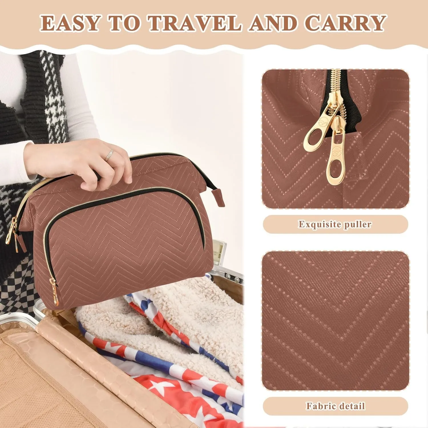 Reddish Brown Makeup Bag Travel Toiletry Bag Cute Cosmetic Bag Pouch Make Up Bags Small Makeup Box Case Skincare Bag Organizer for Purse Women Men Toiletries Sports Trip Adults