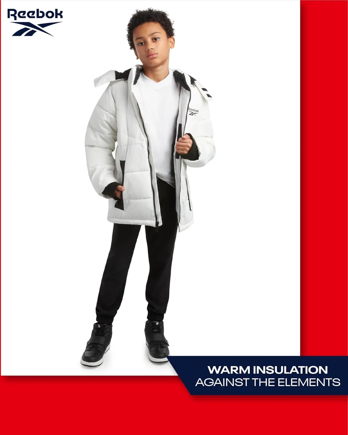 Reebok Boys Puffer Jacket - Heavyweight Weather Resistant Quilted Jacket for Boys - Fleece Insulated Winter Jackets with Hood