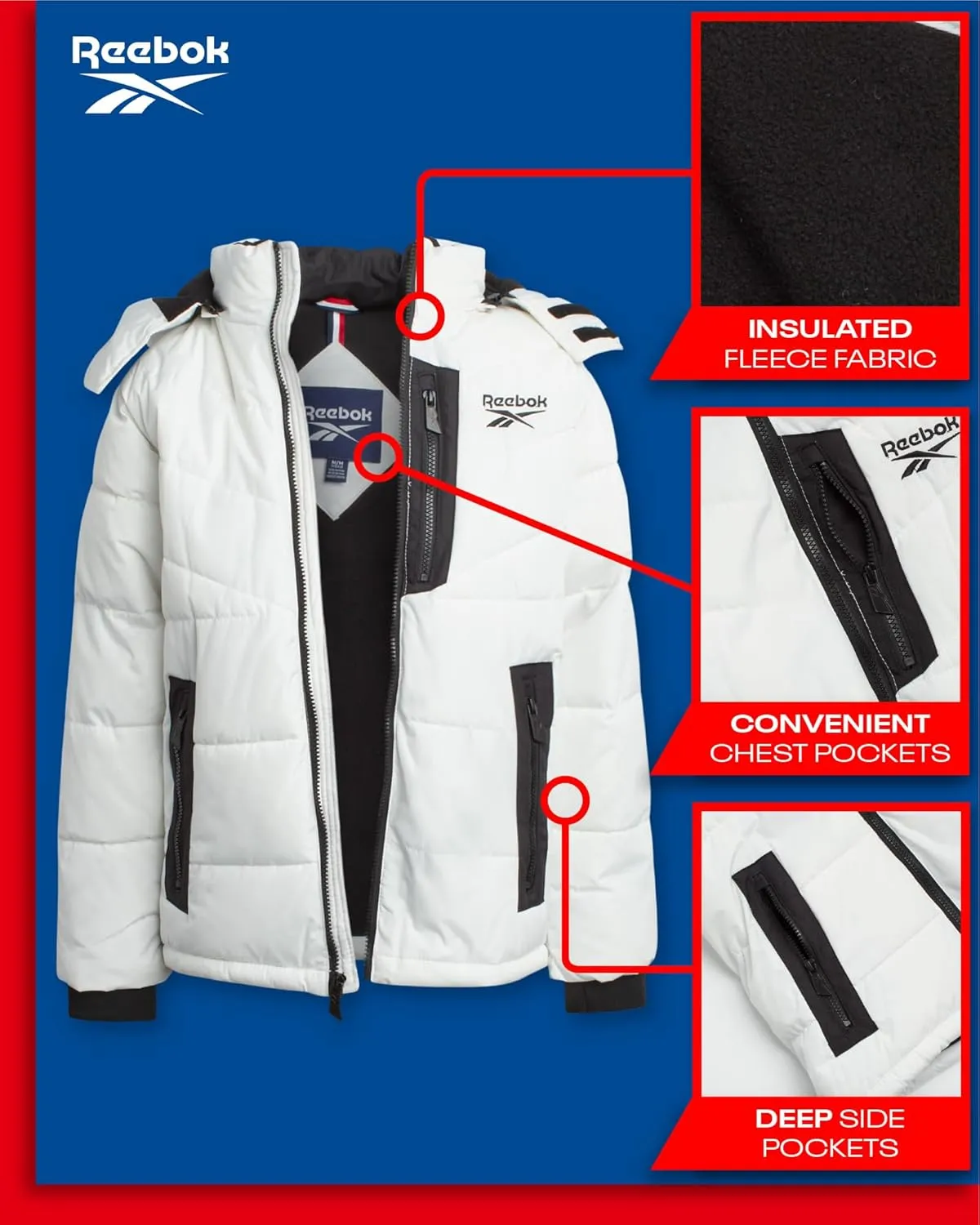 Reebok Boys Puffer Jacket - Heavyweight Weather Resistant Quilted Jacket for Boys - Fleece Insulated Winter Jackets with Hood