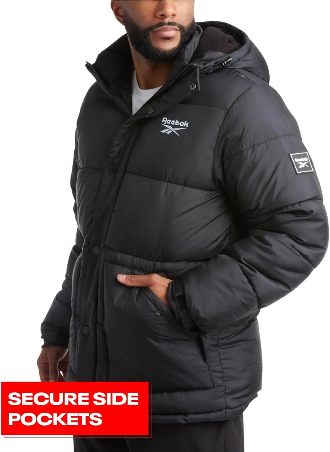 Reebok Mens Puffer Jacket - Heavyweight Quilted Mens Jacket with Hood - Weather Resistant Parka Winter Jackets for Men