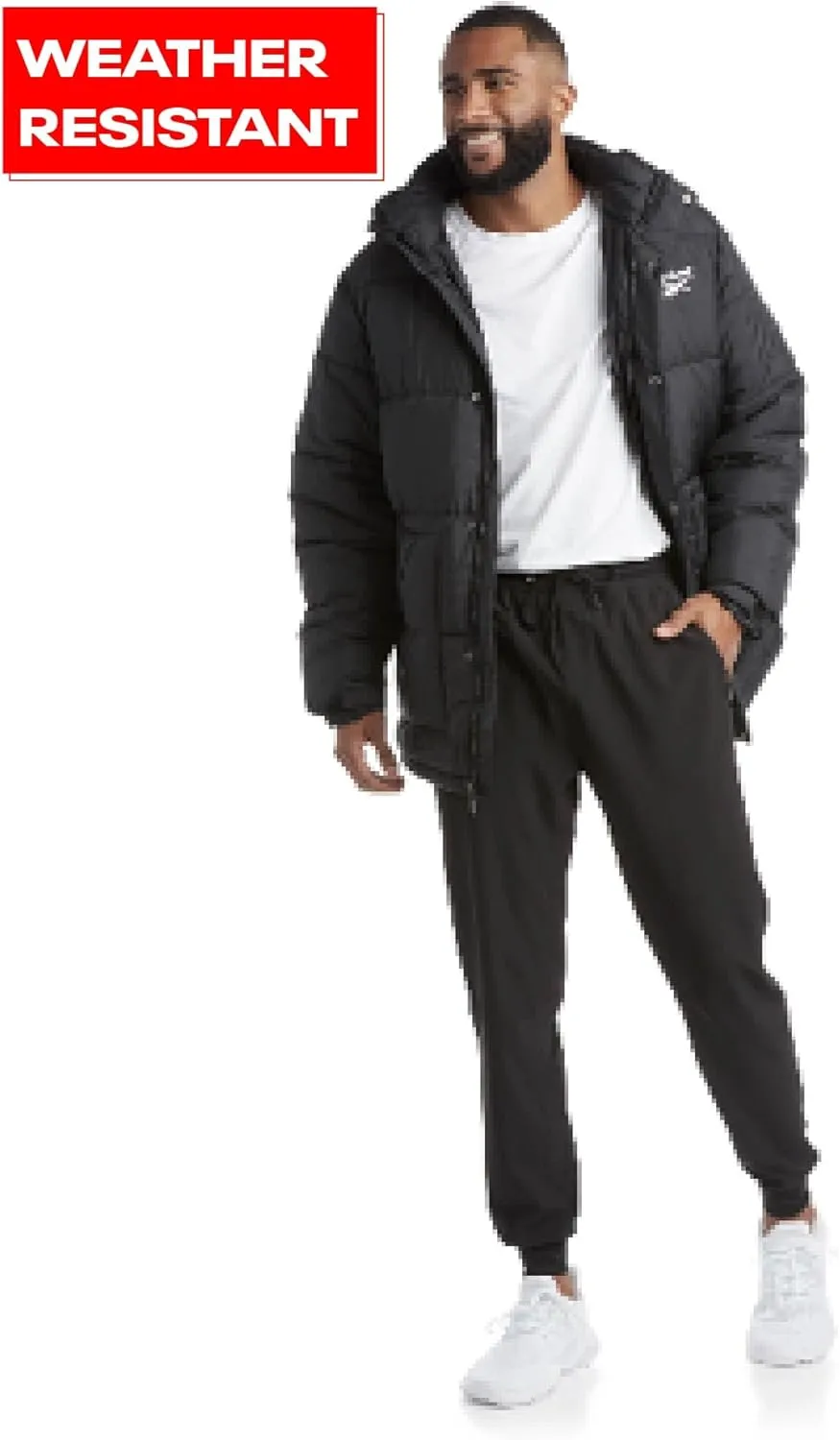 Reebok Mens Puffer Jacket - Heavyweight Quilted Mens Jacket with Hood - Weather Resistant Parka Winter Jackets for Men
