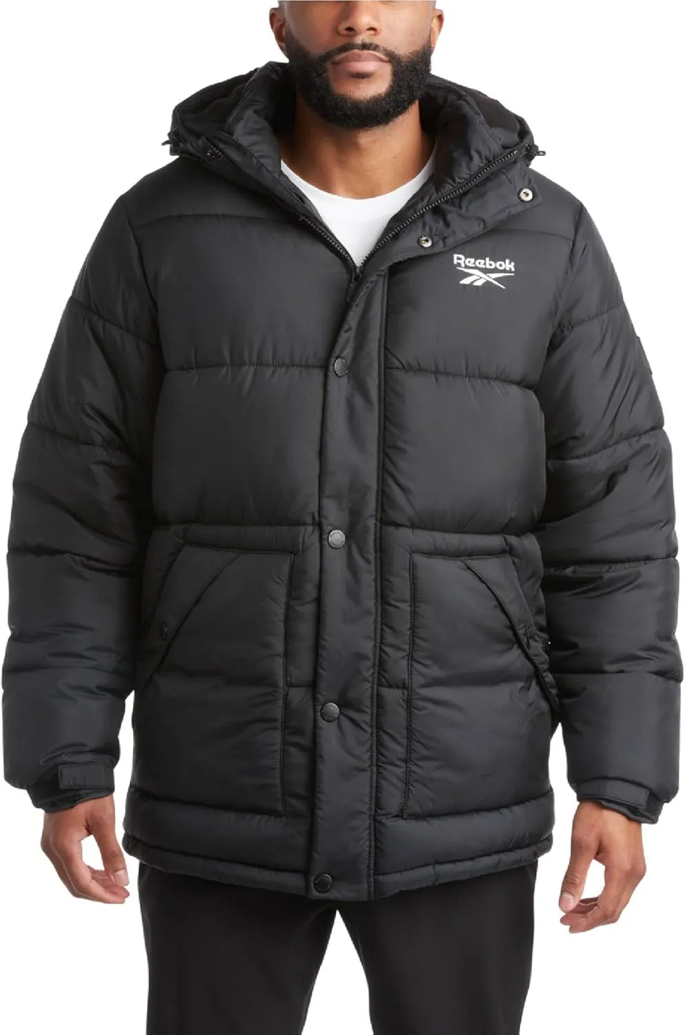 Reebok Mens Puffer Jacket - Heavyweight Quilted Mens Jacket with Hood - Weather Resistant Parka Winter Jackets for Men