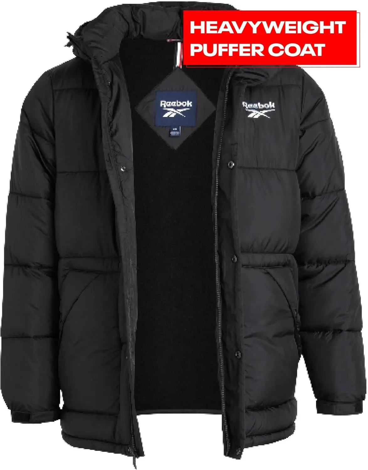 Reebok Mens Puffer Jacket - Heavyweight Quilted Mens Jacket with Hood - Weather Resistant Parka Winter Jackets for Men
